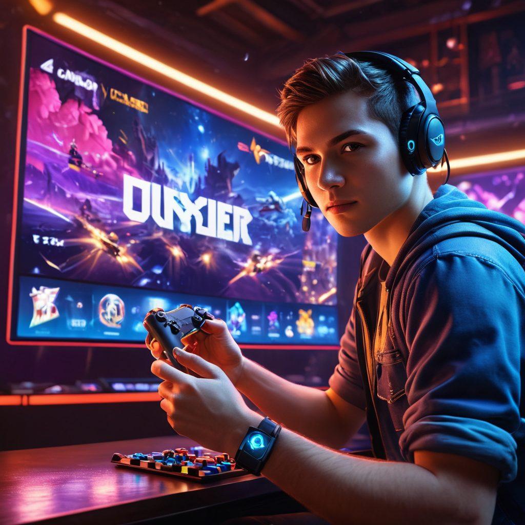 A dynamic scene of a gamer immersed in an epic battle within a vibrant virtual world, surrounded by symbols of achievement like trophies and bonus icons. Include a glowing controller and a scoreboard displaying high scores, with ethereal light beams representing strategies enhancing the gaming experience. Incorporate energetic colors and a futuristic aesthetic. digital art. vibrant colors. epic style.