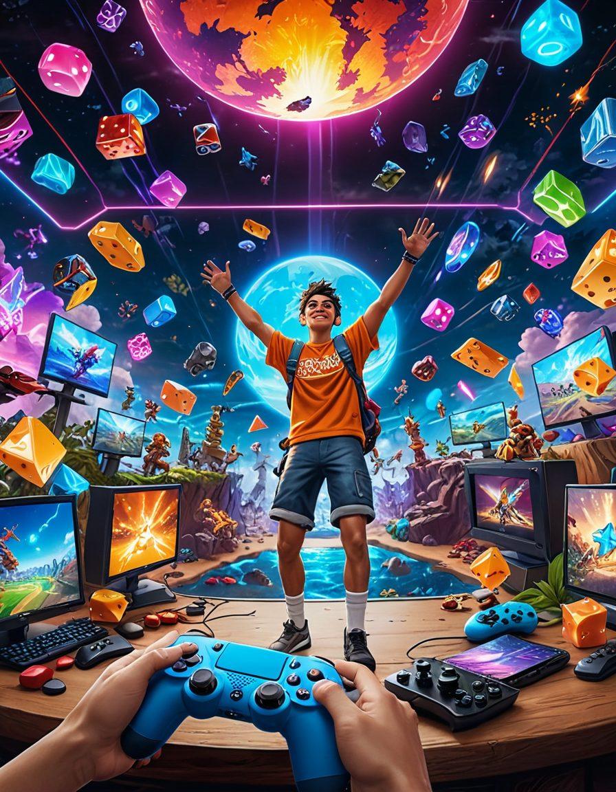 A vibrant gaming scene featuring a player with a joyful expression, surrounded by colorful gaming elements like controllers, trophies, and a cheering crowd. Incorporate a fantastical landscape in the background with floating islands and power-ups, symbolizing success and mastery in gaming. The overall atmosphere should be energetic and inspiring, capturing the essence of joy and achievement in gaming. super-realistic. vibrant colors. 3D.