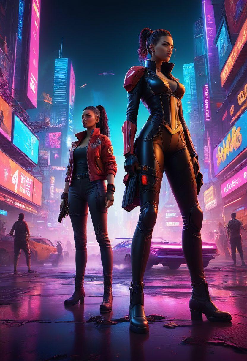 A dynamic scene showcasing an epic gaming battle, featuring diverse characters from various gaming genres like fantasy, sci-fi, and sports, all proudly displaying their unique abilities. In the backdrop, a vibrant digital landscape filled with neon lights, power-ups, and leaderboard scores signifies the journey from fun to victory. Intense expressions on the characters' faces reflect determination and strategy. The colors should be bold and energetic, encapsulating the thrilling essence of gaming. super-realistic. vibrant colors. cyberpunk.